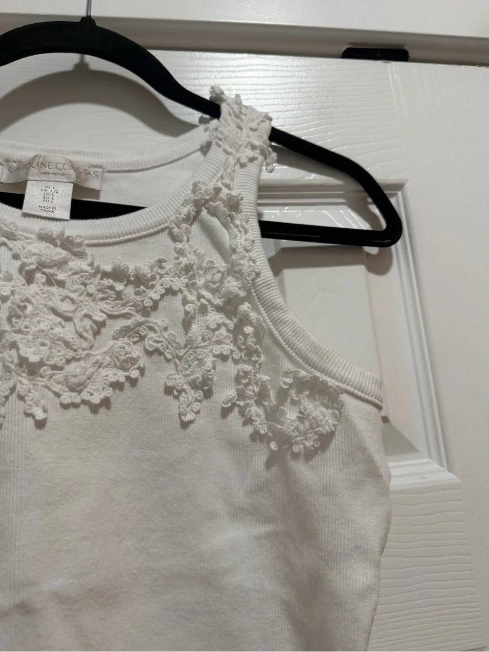 Caroline Constas White Floral Applique Ribbed Tank Top Large